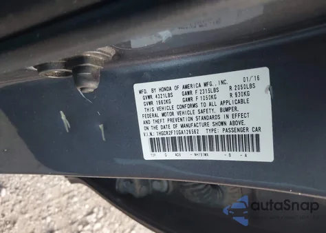 2016 Honda Accord Ex z USA, uszkodzony, nr VIN 1HGCR2F70GA126562